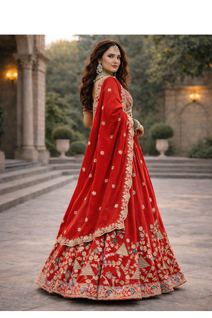 red vichitra lehenga set with cording sequin embroidery 3