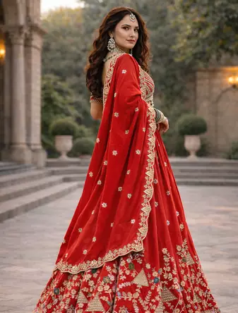 red vichitra lehenga set with cording sequin embroidery
