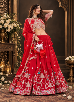 red vichitra lehenga set with cording sequin embroidery 3
