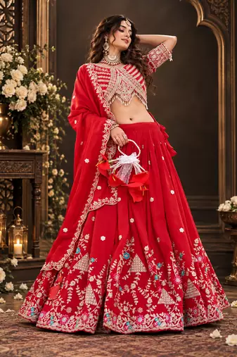 red vichitra lehenga set with cording sequin embroidery