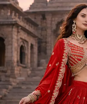 red vichitra lehenga set with cording sequin embroidery