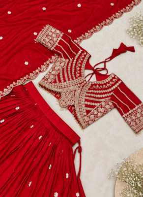 red vichitra lehenga set with cording sequin embroidery 4