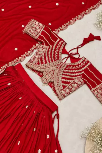 red vichitra lehenga set with cording sequin embroidery