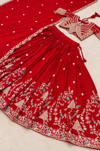 red vichitra lehenga set with cording sequin embroidery