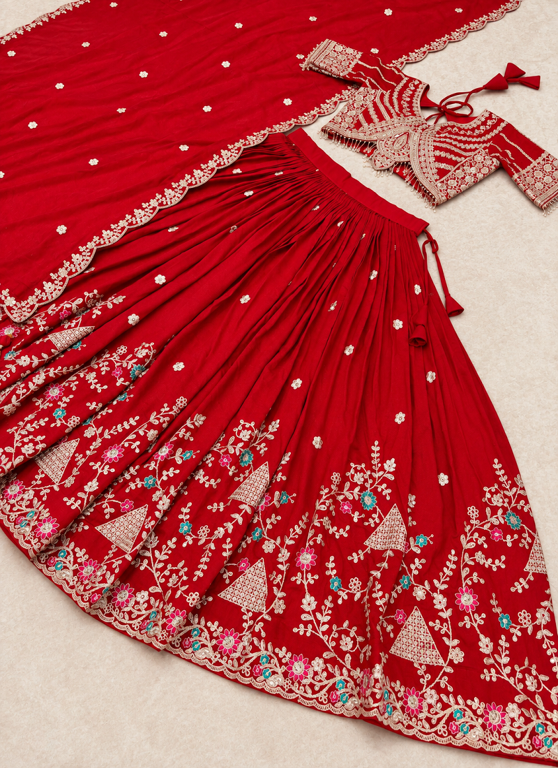 red vichitra lehenga set with cording sequin embroidery