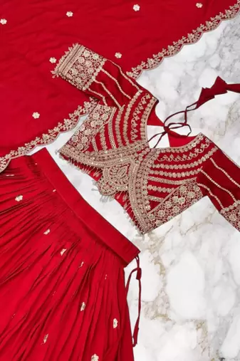 red vichitra lehenga set with cording sequin embroidery