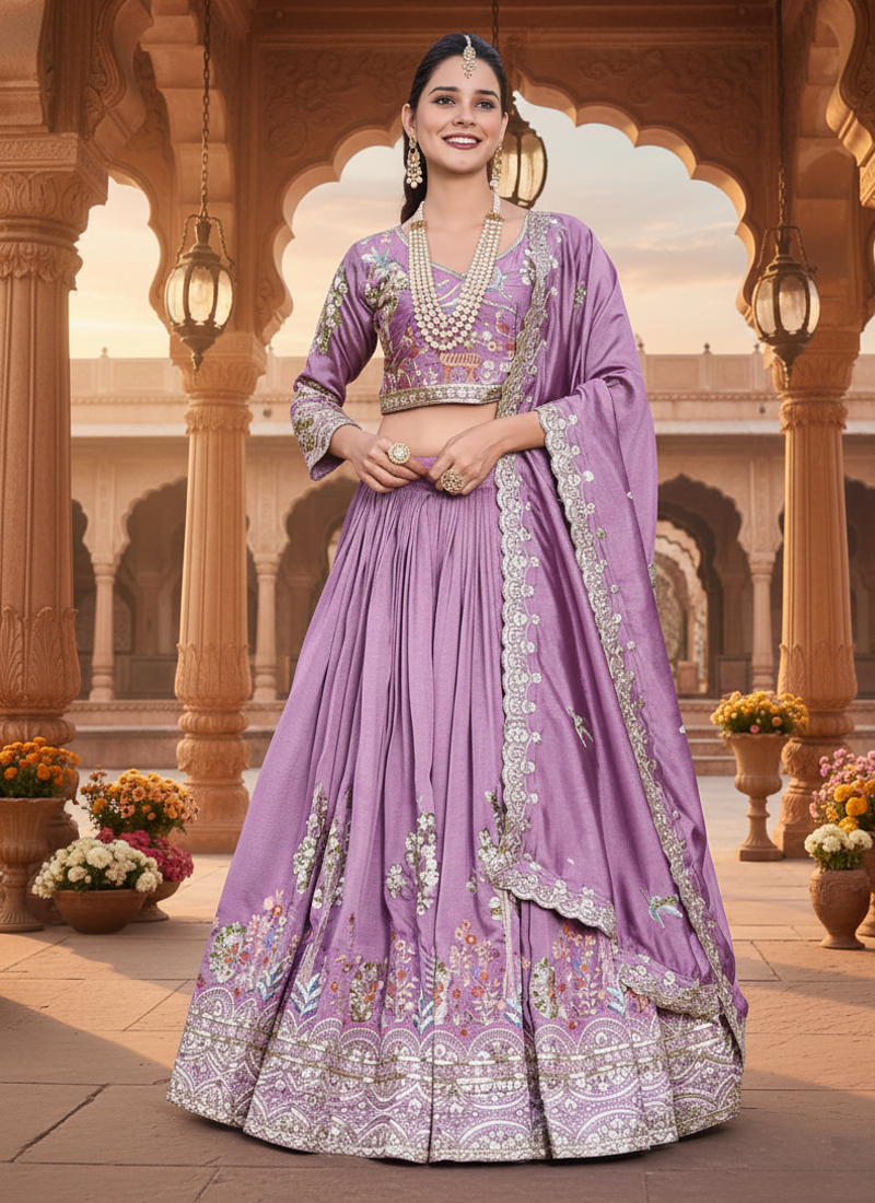 lavender vichitra lehenga set with sequin embroidery