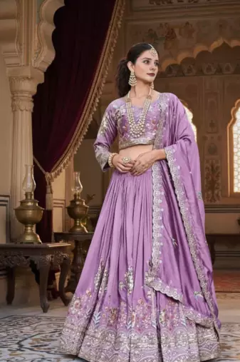 lavender vichitra lehenga set with sequin embroidery