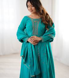 Royal teal green full flair anarkali embroidery dress set