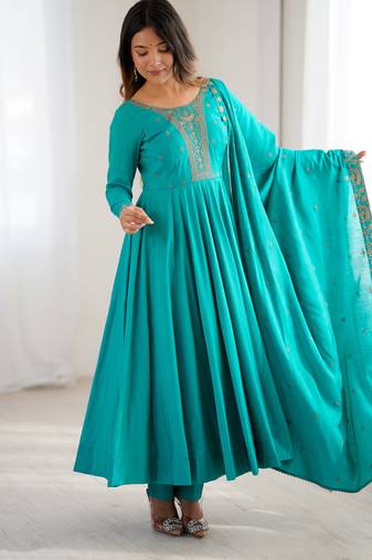 Royal teal green full flair anarkali embroidery dress set