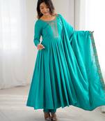 Royal teal green full flair anarkali embroidery dress set