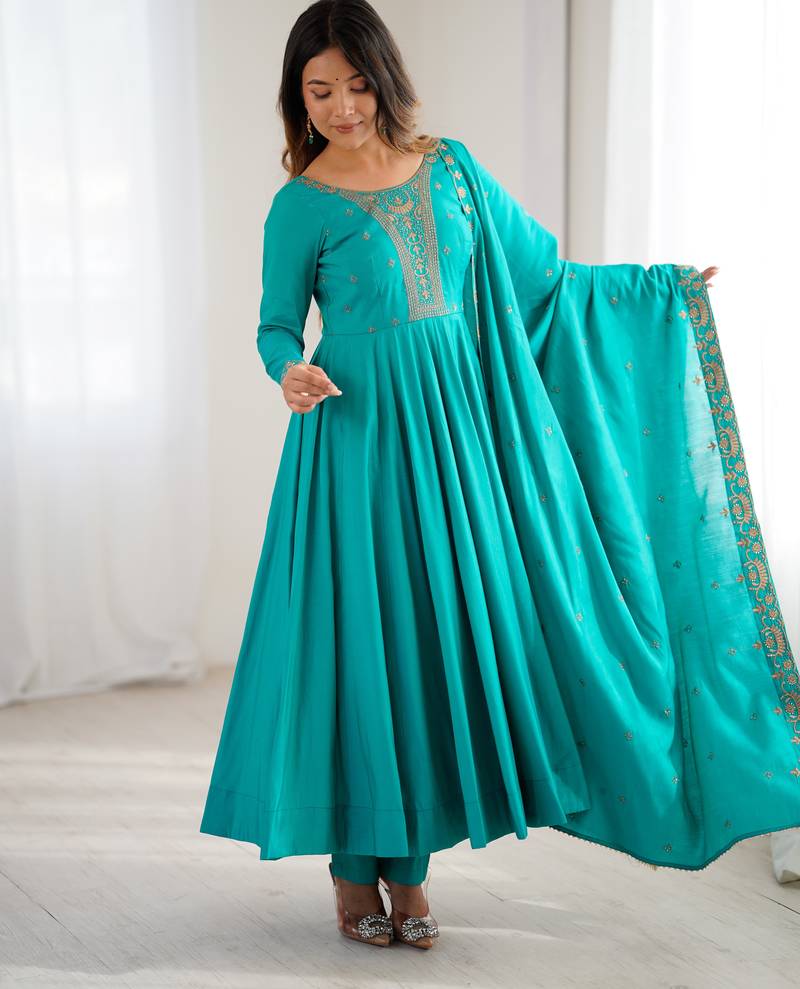 Royal teal green full flair anarkali embroidery dress set