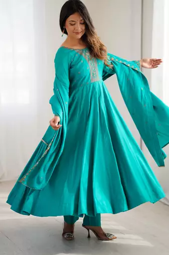 Royal teal green full flair anarkali embroidery dress set