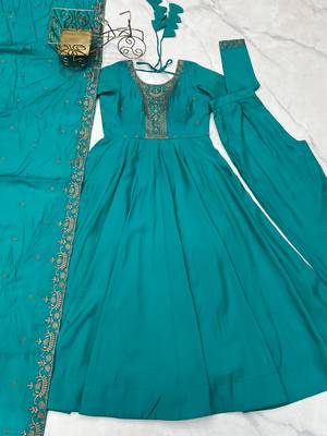 Royal teal green full flair anarkali embroidery dress set 5
