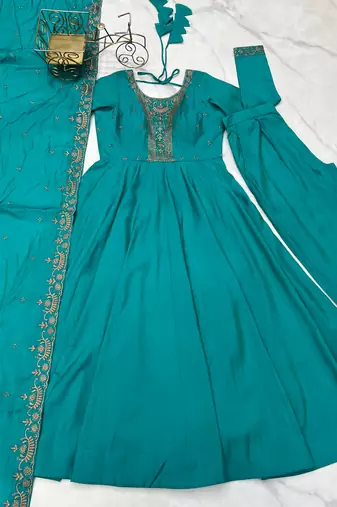 Royal teal green full flair anarkali embroidery dress set