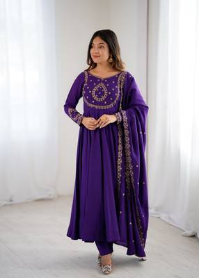Women purple embroidered anarkali kurta set with dupatta 1