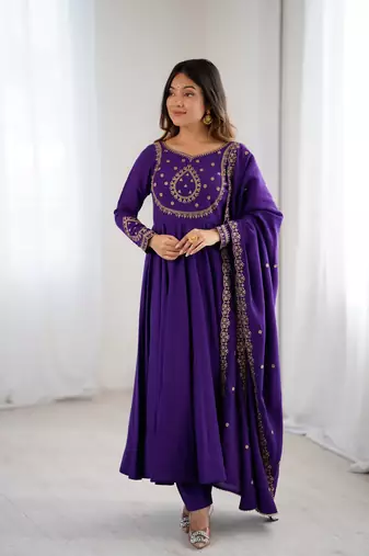 Women purple embroidered anarkali kurta set with dupatta