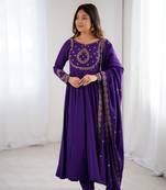 Women purple embroidered anarkali kurta set with dupatta