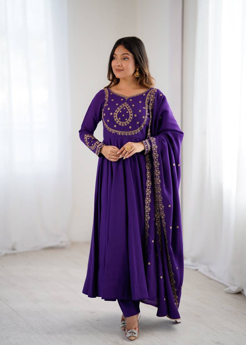 Women purple embroidered anarkali kurta set with dupatta