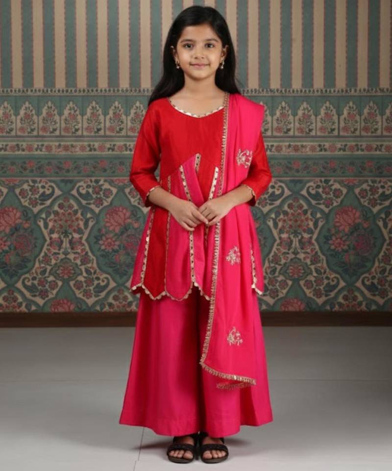 Red embroidered kurta palazzo set