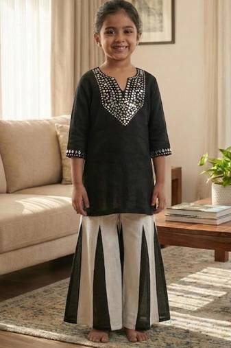 Black kurta with white panel palazzo