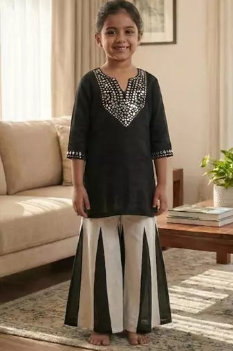 Black kurta with white panel palazzo