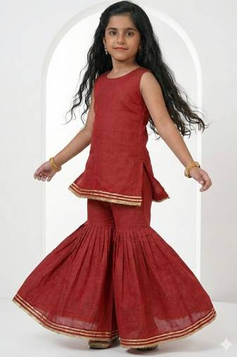 Maroon sleeveless kurti and sharara set