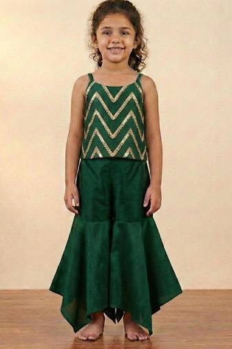 Green chevron embroidered top with flared pants