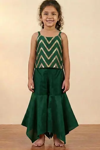Green chevron embroidered top with flared pants