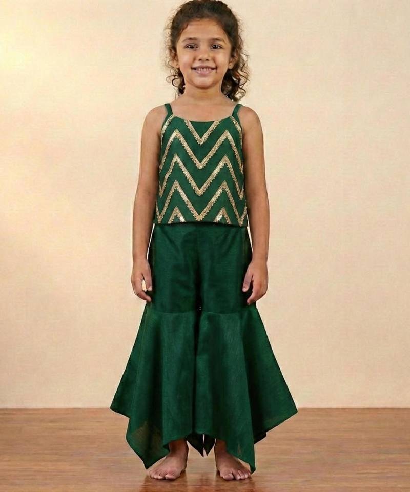 Green chevron embroidered top with flared pants