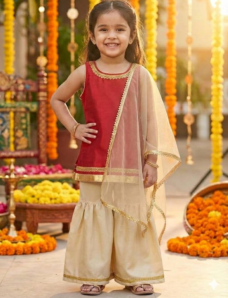 Red kurti with gold sharara and dupatta