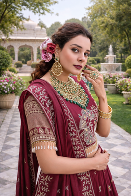 Maroon Color Embroidery Sequence with thred work pure Vichitra Lehenga Set 1