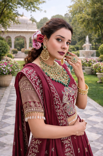Maroon Color Embroidery Sequence with thred work pure Vichitra Lehenga Set