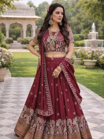 Maroon Color Embroidery Sequence with thred work pure Vichitra Lehenga Set