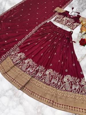 Maroon Color Embroidery Sequence with thred work pure Vichitra Lehenga Set 4
