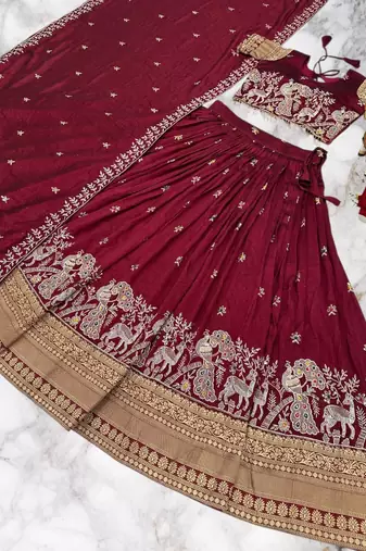 Maroon Color Embroidery Sequence with thred work pure Vichitra Lehenga Set