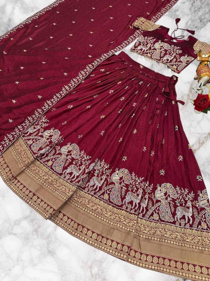 Maroon Color Embroidery Sequence with thred work pure Vichitra Lehenga Set