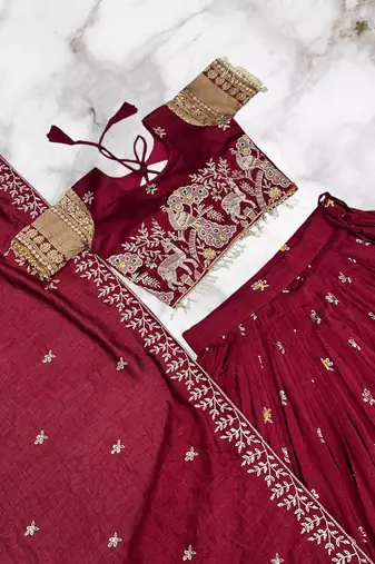 Maroon Color Embroidery Sequence with thred work pure Vichitra Lehenga Set