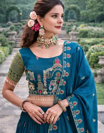 teal sequin embroidered lehenga set in vichitra fabric
