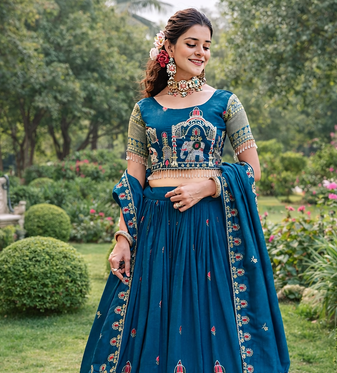 teal sequin embroidered lehenga set in vichitra fabric
