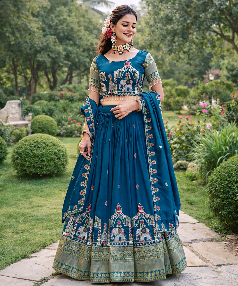 teal sequin embroidered lehenga set in vichitra fabric