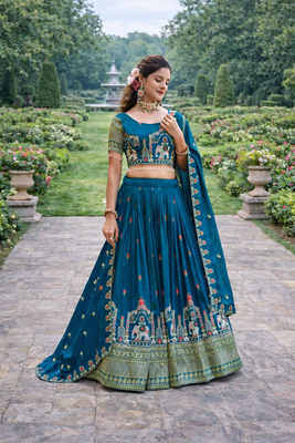 teal sequin embroidered lehenga set in vichitra fabric 3