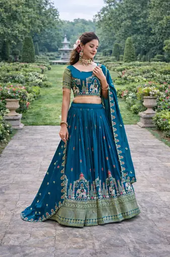 teal sequin embroidered lehenga set in vichitra fabric