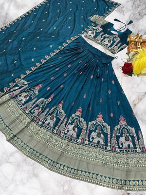 teal sequin embroidered lehenga set in vichitra fabric 4
