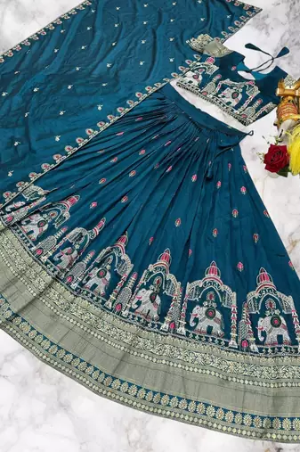 teal sequin embroidered lehenga set in vichitra fabric