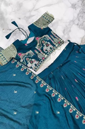 teal sequin embroidered lehenga set in vichitra fabric