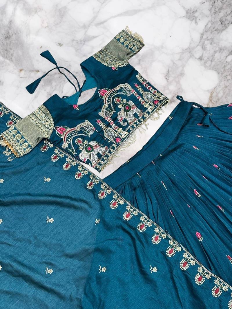 teal sequin embroidered lehenga set in vichitra fabric