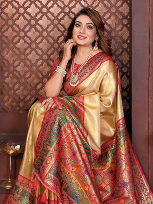 Golden Color Premium Pure Banarasi Tissue Silk Saree 2