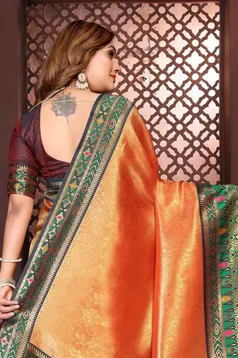 Orange Color Premium Pure Banarasi Tissue Silk Saree