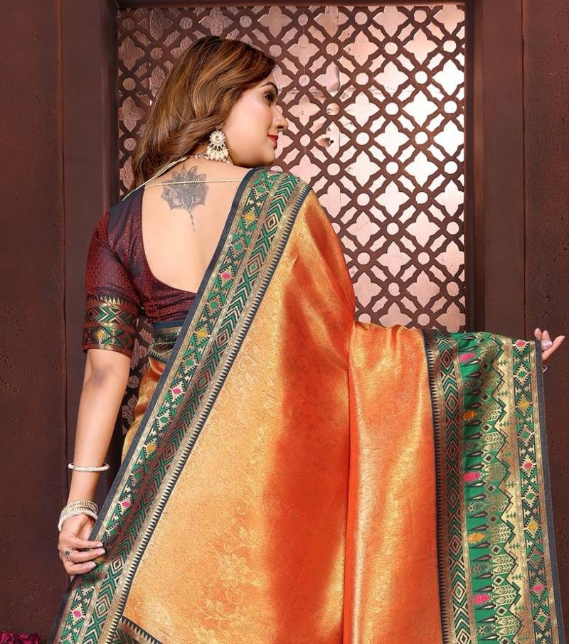 Orange Color Premium Pure Banarasi Tissue Silk Saree